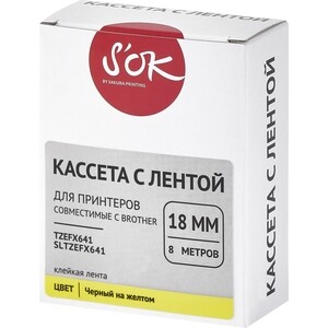 Кассета с лентой S'OK TZEFX641 для Brother, черный на желтом, 18мм/8м