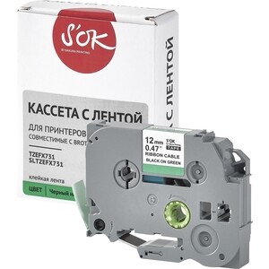 Кассета с лентой S'OK TZEFX731 для Brother, черный на зеленом, 12мм/8м