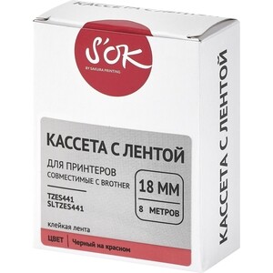 Кассета с лентой S'OK TZES441 для Brother, черный на красном, 18мм/8м