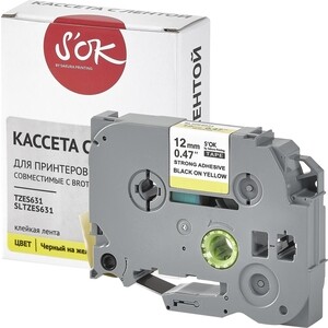Кассета с лентой S'OK TZES631 для Brother, черный на желтом, 12мм/8м