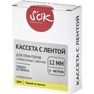 Кассета с лентой S'OK TZES631 для Brother, черный на желтом, 12мм/8м