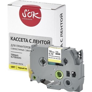 Кассета с лентой S'OK TZES641 для Brother, черный на желтом, 18мм/8м