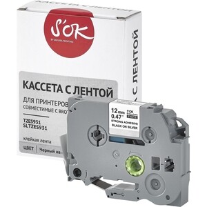 Кассета с лентой S'OK TZES931 для Brother, черный на серебре, 12мм/8м
