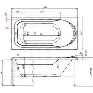 Акриловая ванна Aquanet West 140x70 с каркасом, панелью и слив-переливом