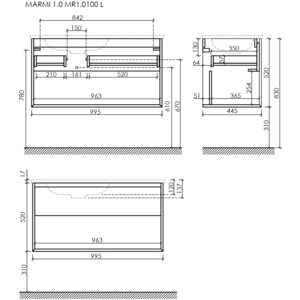 Тумба под раковину Sancos Marmi 1.0 100х45 левая, дуб чарльстон (MR1.0100LECH)