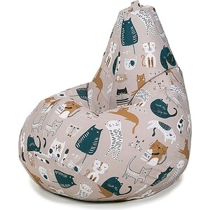 Кресло бескаркасное Mypuff груша, Коты непоседы бежевые, размер XXXXL- Комфорт, мебельный хлопок