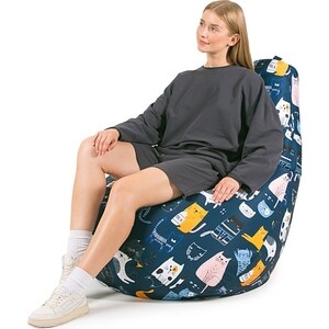 Кресло бескаркасное Mypuff груша, Коты непоседы синие, размер XXXL- Стандарт, мебельный хлопок