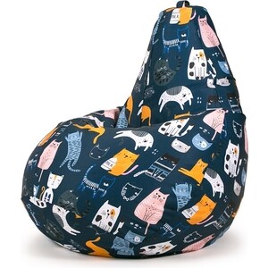 Кресло бескаркасное Mypuff груша, Коты непоседы синие, размер XXXXL- Комфорт, мебельный хлопок