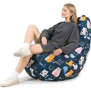 Кресло бескаркасное Mypuff груша, Коты непоседы синие, размер XXXXL- Комфорт, мебельный хлопок