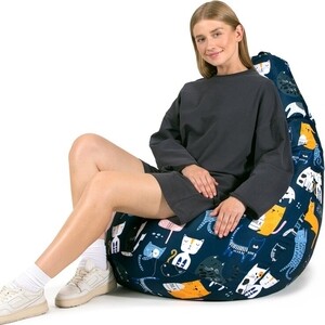 Кресло бескаркасное Mypuff груша, Коты непоседы синие, размер XXL- Миди, мебельный хлопок