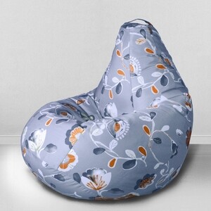 Кресло бескаркасное Mypuff груша, Цветы на сером, размер Комфорт, мебельный хлопок