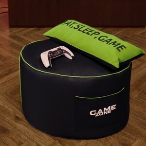 Пуфик бескаркасный Mypuff Игровой столик, GAME ZONE, оксфорд, черно-салатовый