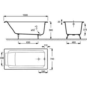 Чугунная ванна Jacob Delafon Parallel 150x70 без отверстий для ручек (E2946-00)