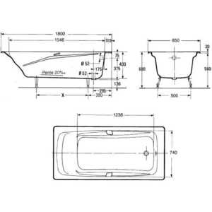 Чугунная ванна Jacob Delafon Repos 180x85 с отверстиями для ручек (E2903-00)