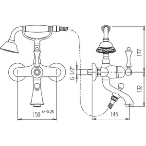 Смеситель для ванны Cezares Margot с ручным душем, золото 24 карат (MARGOT-VDM-03/24-Bi)