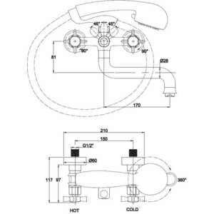 Смеситель для ванны Kaiser Cross поворотный излив с душем, хром (41022)