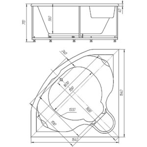 Акриловая ванна Aquatek Сириус 165х165 фронтальная панель, каркас, слив-перелив (SIR164-0000002)
