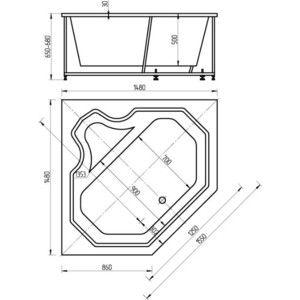 Акриловая ванна Aquatek Лира 150x150 угловая, фронтальная панель, каркас, слив-перелив (LIR150-0000032)