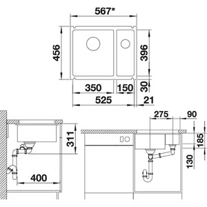 Кухонная мойка Blanco SubLine 350/150-U PuraPlus глянцевый магнолия (523742)